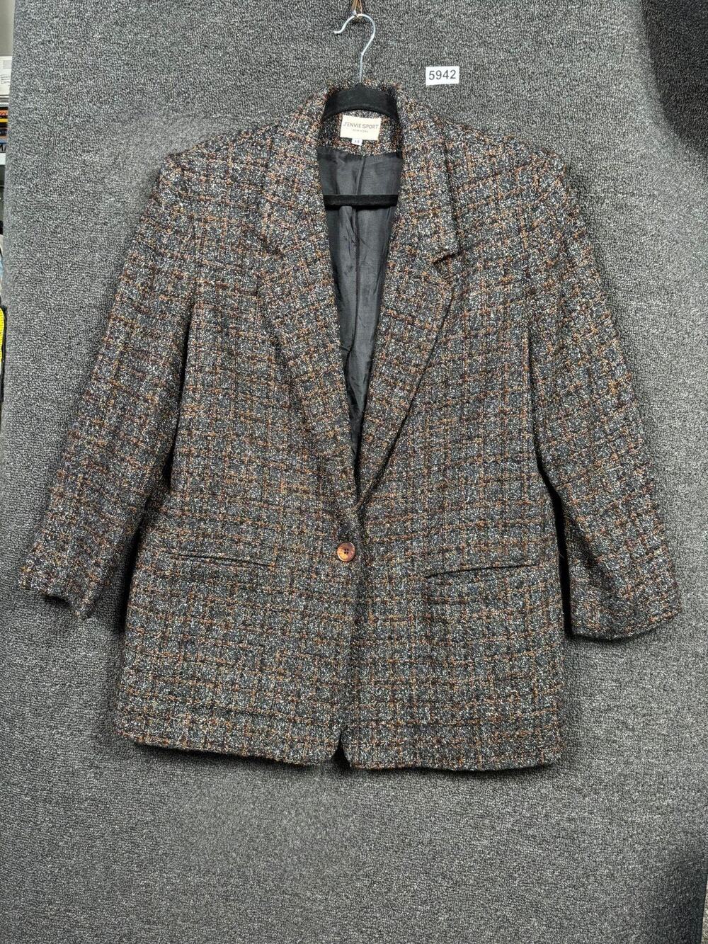 J'Envie Tweed Blazer Jacket Womens Size 14 Gray Brown Plaid Lined USA Made